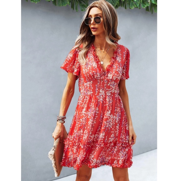 Floral Red Dress Summer V-Neck Short Mini - Picture 5 of 7